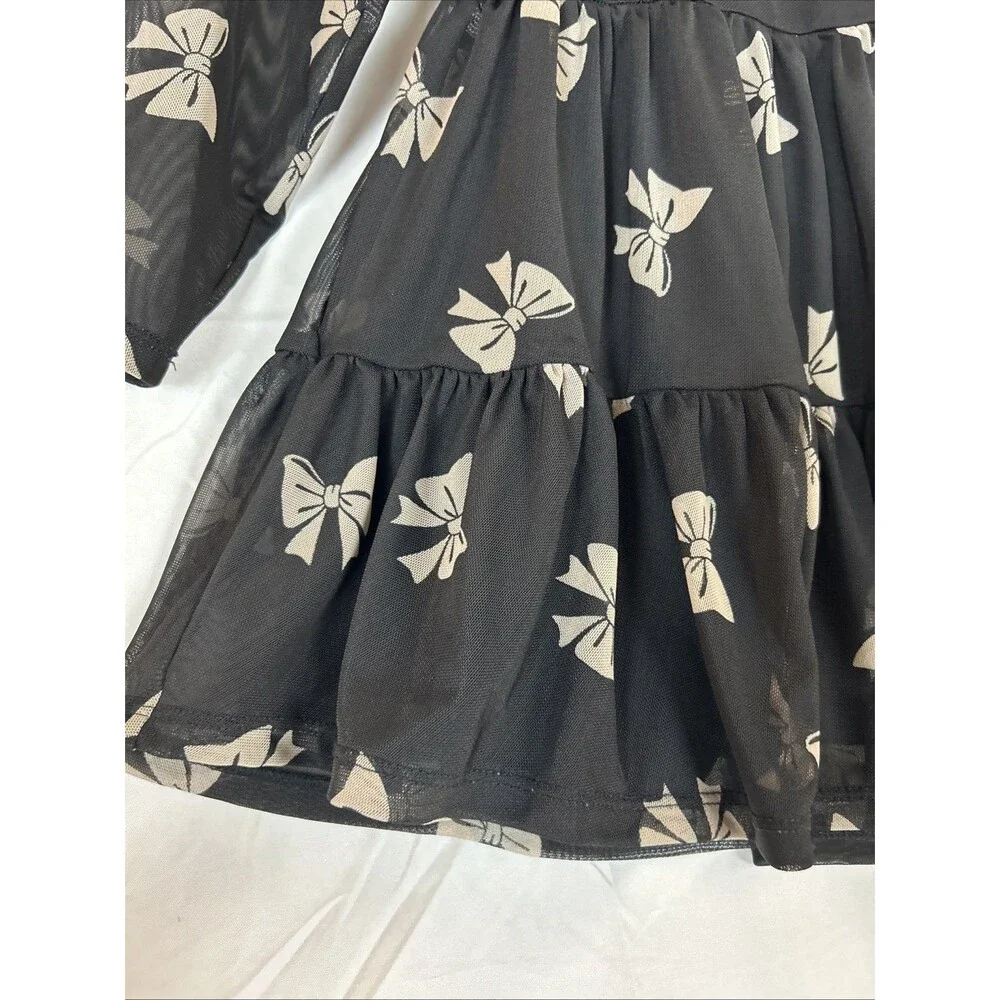Baby Gap Girls 4T Babydoll Dress Tiered Mesh Black Tan Bow Print Long Sleeve